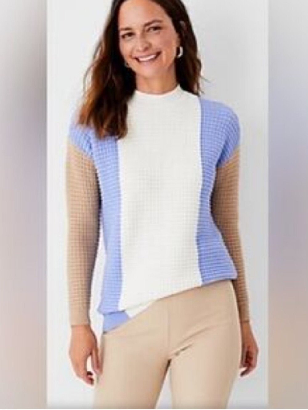 Anne Klein Colorblock Waffle Knit Crewneck Sweater in Periwinkle, Cream & Taupe